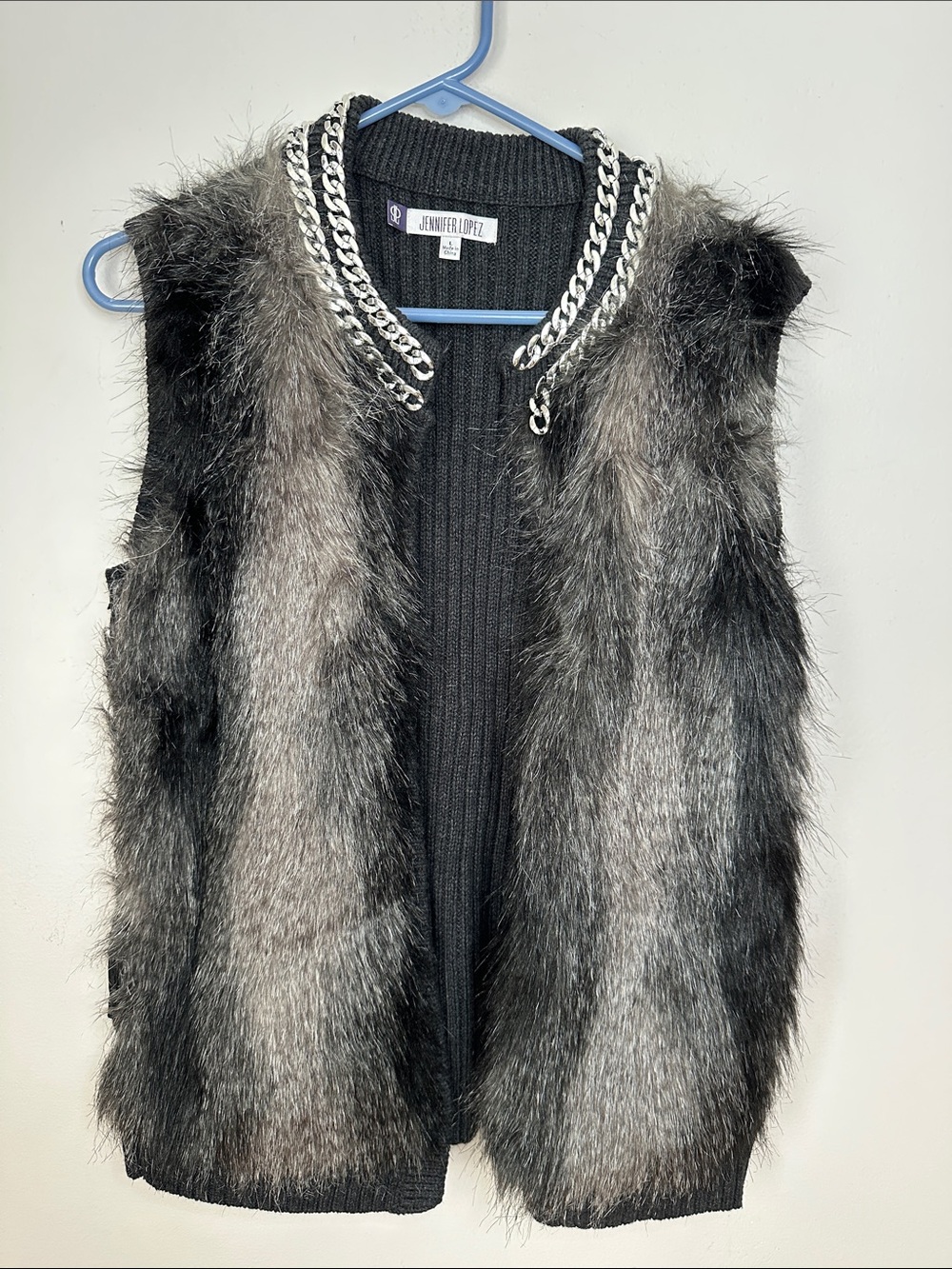 Jennifer Lopez Black & Gray Faux Fur Chain-Trim Vest size L